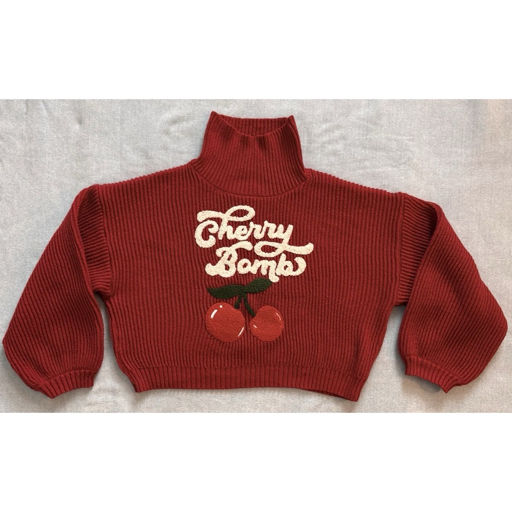 Y2K Romwe Cropped Balloon Sleeve Red Turtleneck Cherry Bomb Sweater  Size 3XL